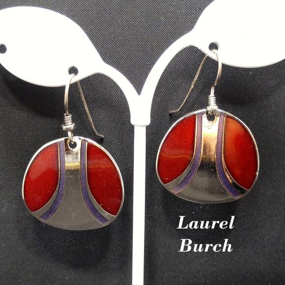 Vintage Laurel Burch Red Metallic Purple Silver Earrings Rhodium Plated